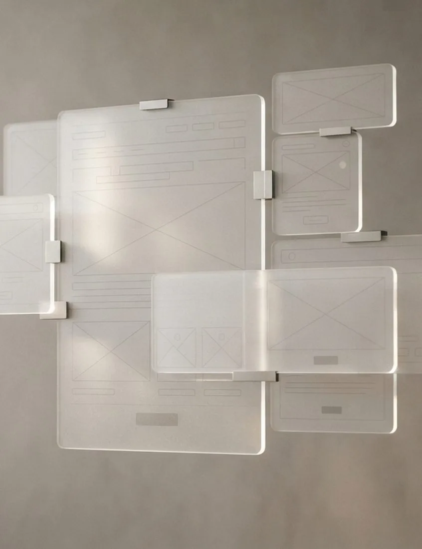 Glass wireframe panels representing web design
